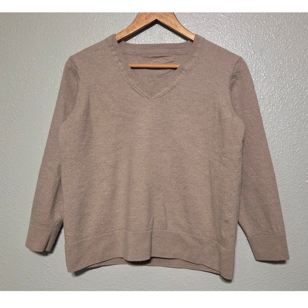 Woolx Francesca Merino Wool Sweater Womens Large Taupe V Neck Quiet Luxury